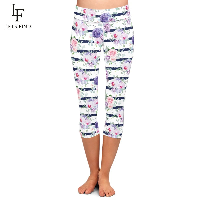 High Elastic Capri Leggings High Waist Flowers Print  Mid-Calf 3/4 Stretch Women Leggings for Summer