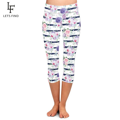 High Elastic Capri Leggings High Waist Flowers Print  Mid-Calf 3/4 Stretch Women Leggings for Summer