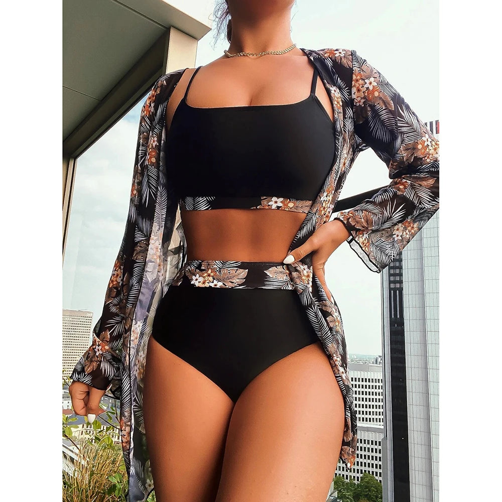 Three Pieces Bikini Set Cover Up Swimwear High Waisted Bikini Set Women's Swimwear Print  For Female Bath Suit Tropical