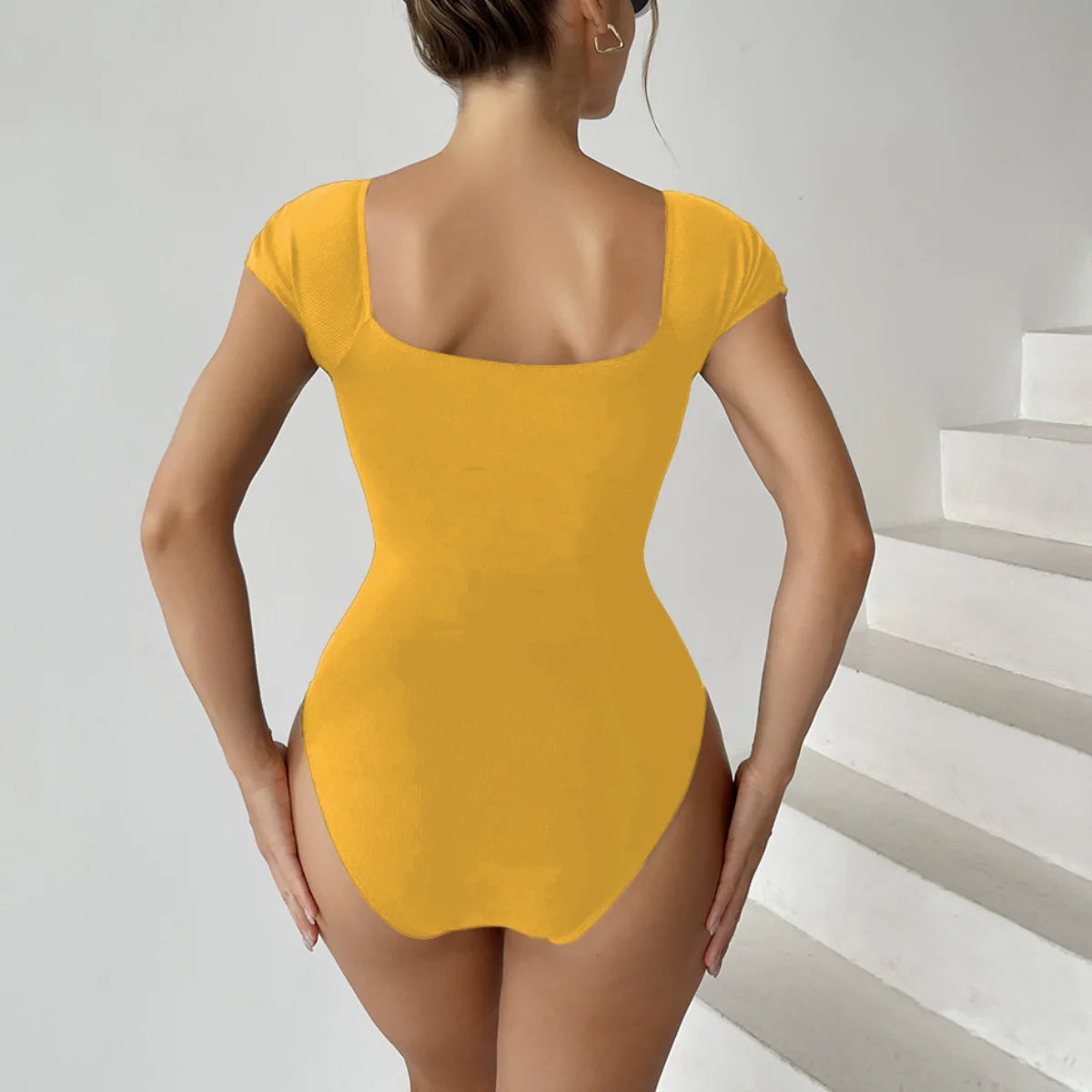 Nadanbao Women One Piece Swimsuit Solid Swimwear Bodysuit Stretch Short Sleeve Slim Thong Bodycon Bodysuit Top Club Outfit
