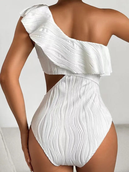 One Shoulder Solid Swimsuit Women One Piece Ruffle Ribbed Swimwear Female Hollow Bathers Bathing Swimming Suit Padded Beachwear