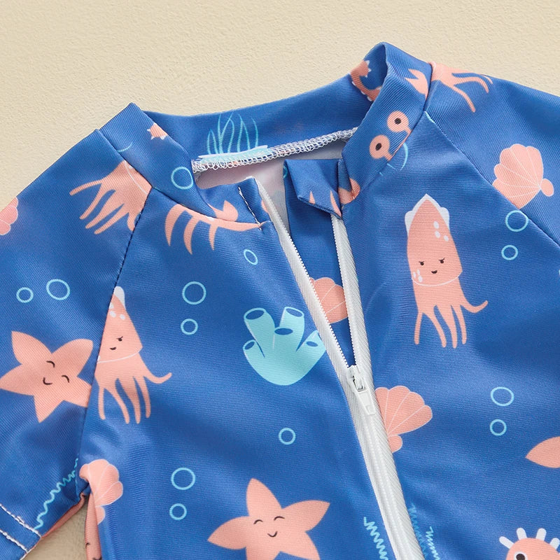 0-36months Toddler Boys Rash Guard Swimwear Cartoon Marine Print Swimsuits For Boys Front Zipper One_piece Bathing Suits