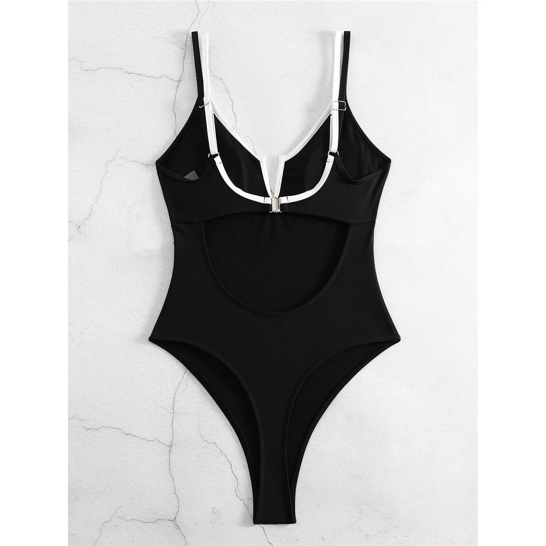 S - XL V Shaped Cut Out Backless One Piece Swimsuit Women Swimwear Female Splicing High Leg Cut Bather Bathing Suit Swim