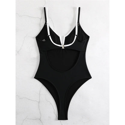 S - XL V Shaped Cut Out Backless One Piece Swimsuit Women Swimwear Female Splicing High Leg Cut Bather Bathing Suit Swim