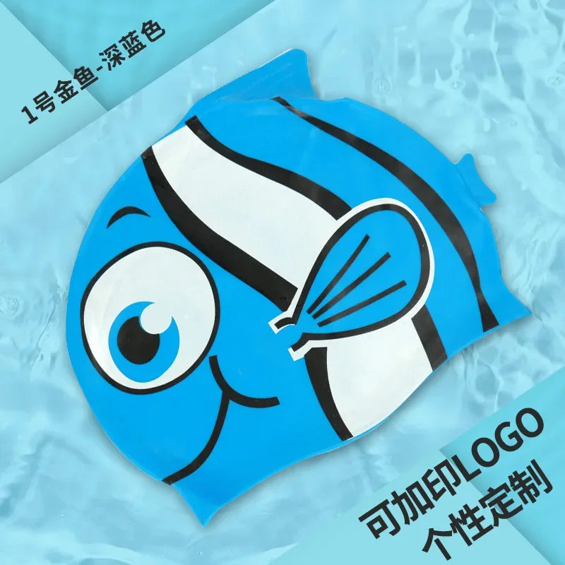 Children's Swimming Caps Waterproof Cartoon Swimming Cap for Boys and Girls Universal Cartoon Fish Shaped Soft Silicone Swim Cap