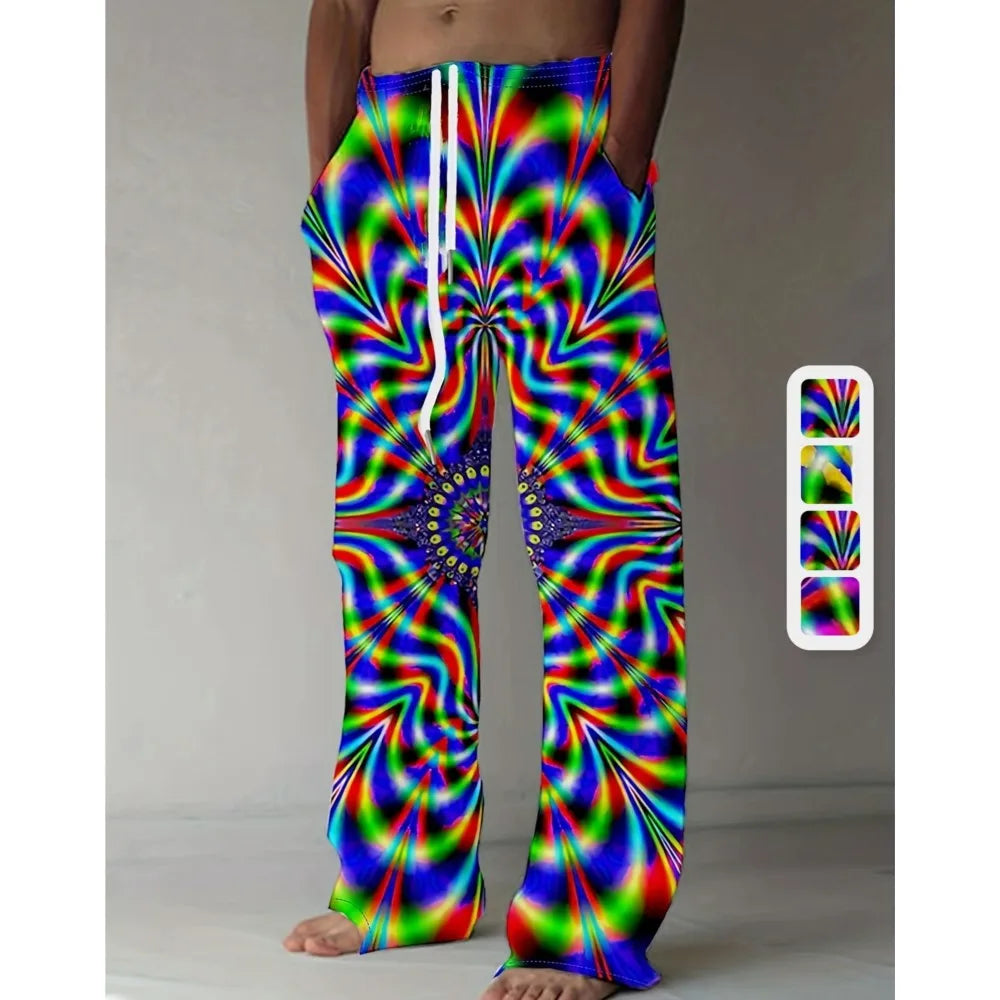 Men's Pants Summer Holiday Street Beach Pants Drawstring Pocket Casual Pants Abstract Texture Printed Men's Pants