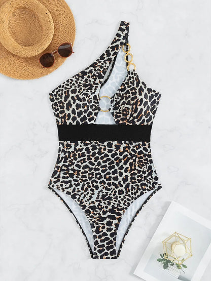 One Shoulder Leopard Swimsuit Women One Piece Ring Linked Swimwear Female Hollow Bodysuit Bathing Swimming Suit Beachwear