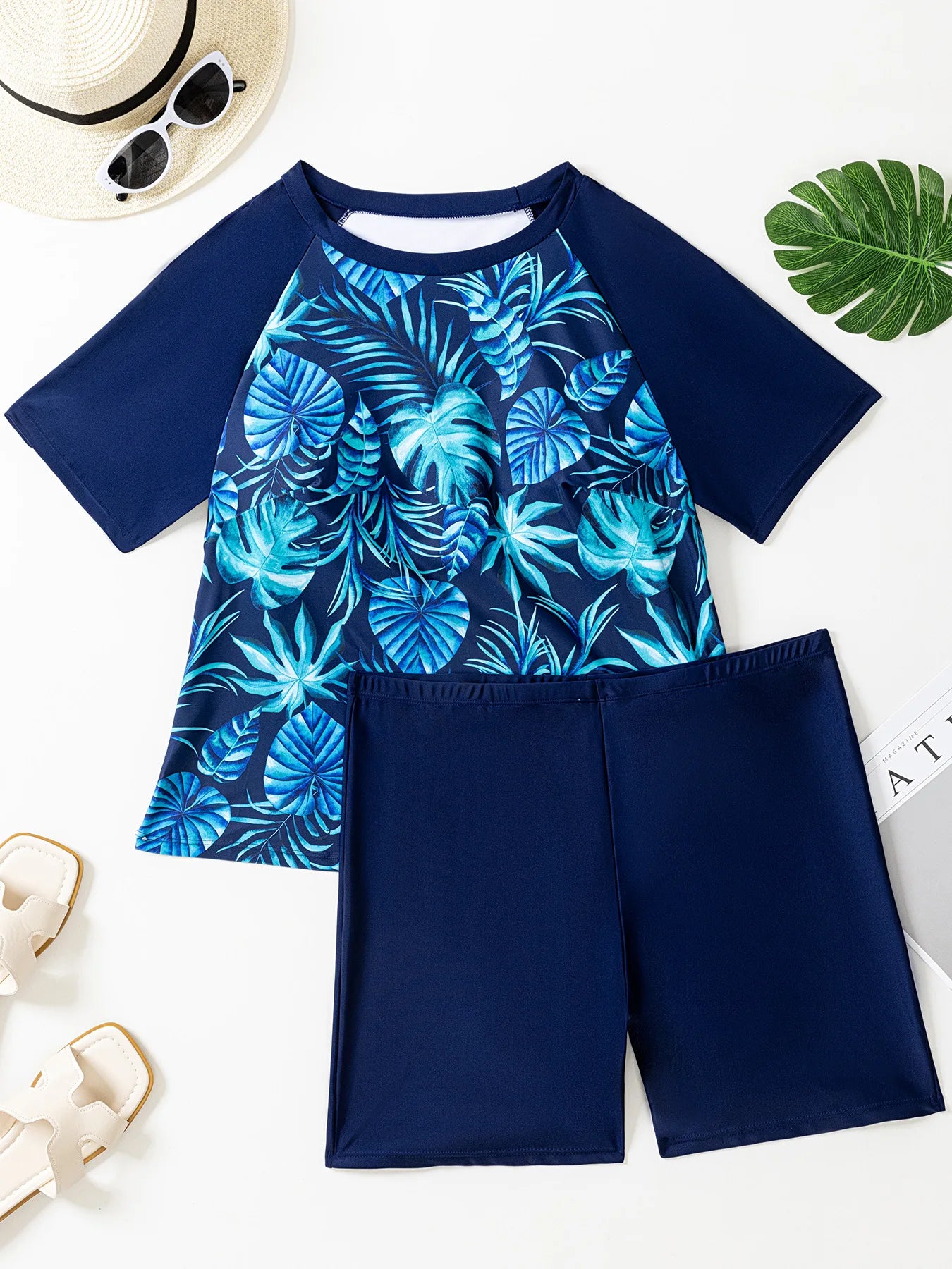 Plus Size Print Two Piece Women Beach Swimsuit Female Surfing Suit High Waist Boyshort Swimwear