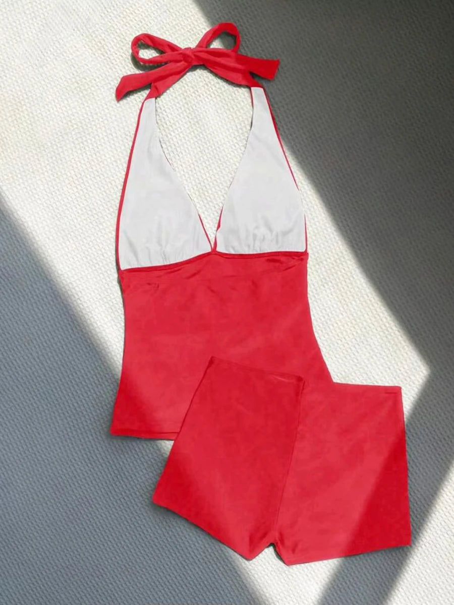 Halter Tankini Solid Swimsuit Women High Waist Swimwear Female Padded Bathing Swim Suit Swimming Beachwear Summer