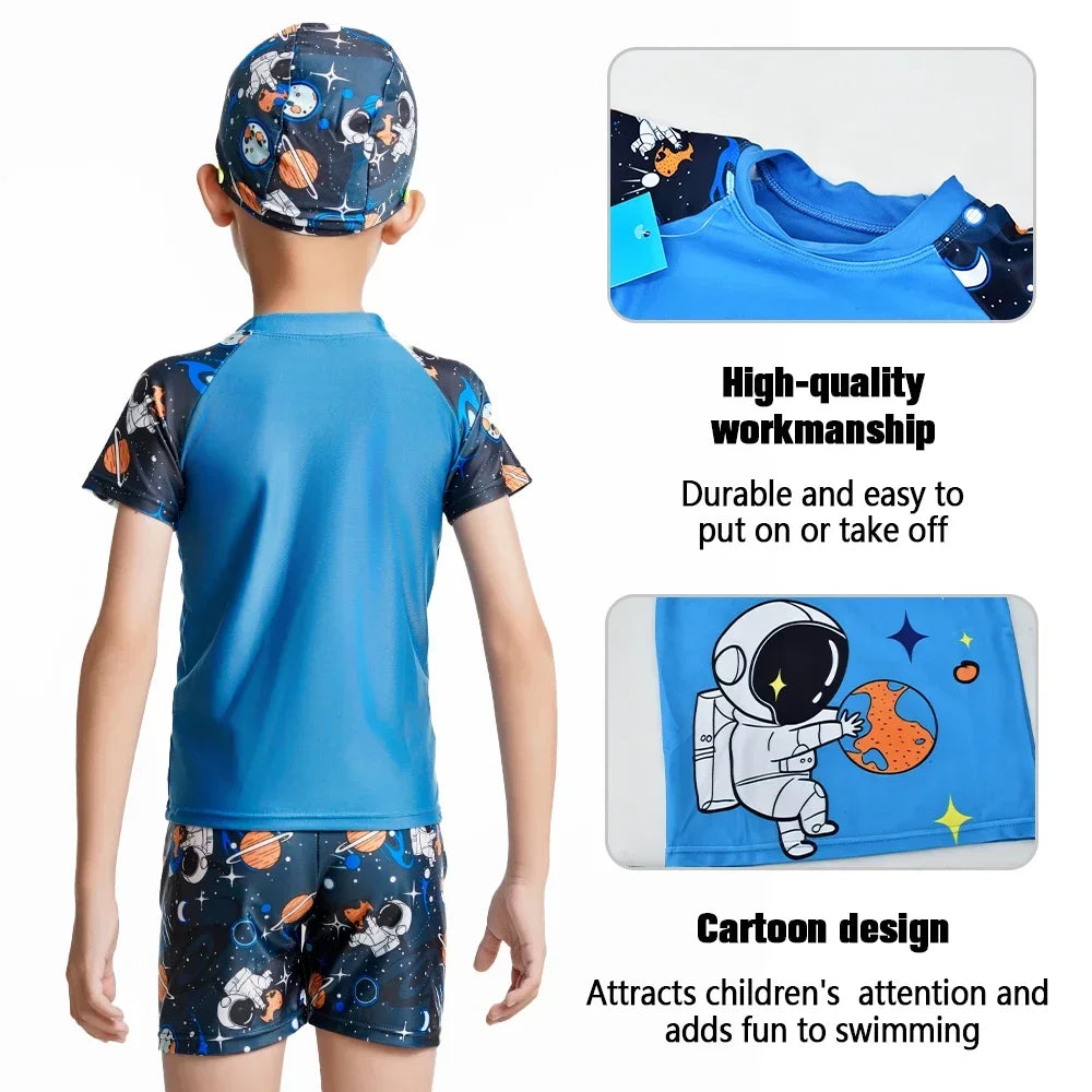 Children's Swimsuit Cartoon Pattern Children's Swimwear Boys Split Design Suitable Swimming Suit Beachwear with Hat