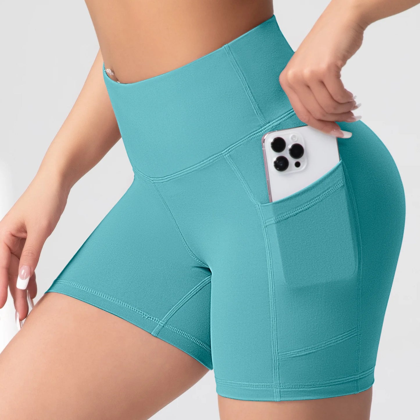 Yoga Shorts with Pockets High Waist Butt Lifting Cycling Tight Elastic Slim Running Fitness Women Shorts Sportswear