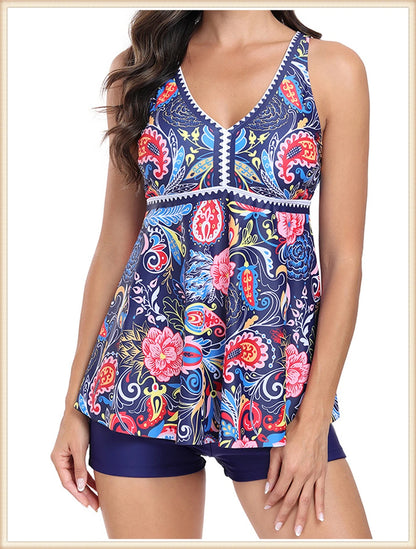 Two Piece Swimsuit Women V-Neck Print Tankini Set Female High Waist Swimwear Beachwear Bathers Bathing Swimming Suit Summer