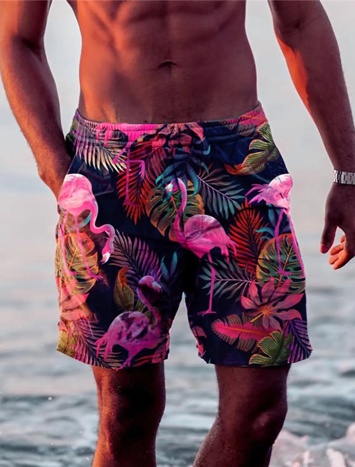 Men's Shorts Swim Trunks Drawstring Leaf Flamingo Graphics Quick Dry Short Casual Holiday Hawaiian Micro-elastic