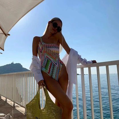 One Shoulder One Piece Swimsuit Women Swimwear Bodysuit Monokini Print Swim Suit Bathing Suit Beachwear