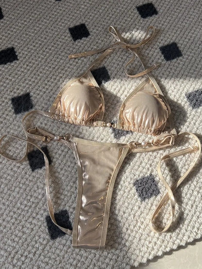 Shiny Pink Micro Bikini Women PU Pearls Push Up Thong Swimsuit Summer Bathing Suit Bandage Holiday Swimwear