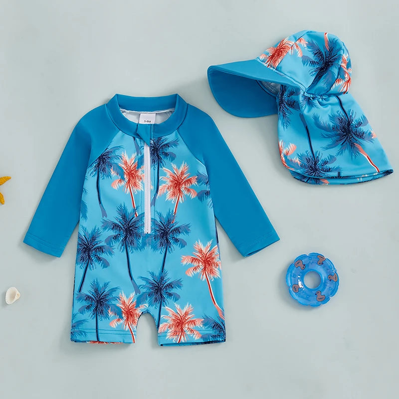 Toddler Boys Rash Guard Swimsuit Coconut Tree Print Long Sleeve Zip Bathing Suit with Swim Cap