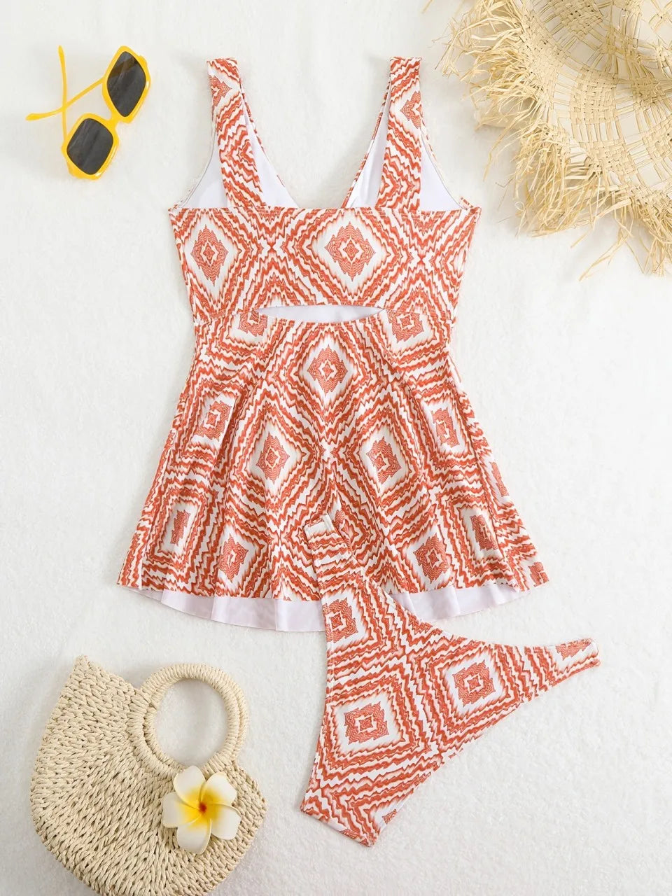 Strappy Knot Front Swimsuit Women Two Pieces Triangle Swimwear Female Skirt Printed Bathing Swimming Suit Padded Beachwear