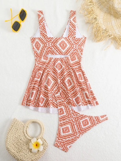 Strappy Knot Front Swimsuit Women Two Pieces Triangle Swimwear Female Skirt Printed Bathing Swimming Suit Padded Beachwear