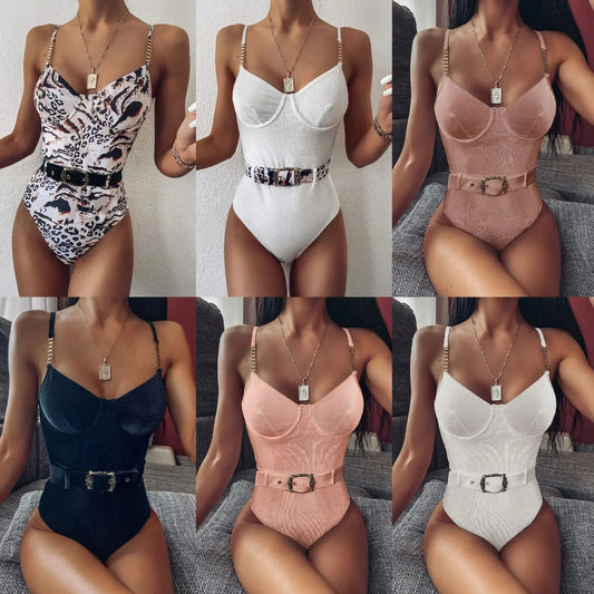 One Piece Swimsuit Swimwear Women Push Up Pit Striped Metal Chain Straps Bathing Suit Beachwear with Belt
