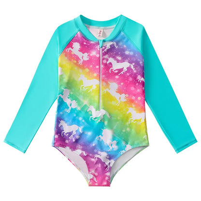 European And American Style Girls One-piece Swimsuit 4-12Years Kids Long Sleeves Broken Flowers Print Bathing Suit