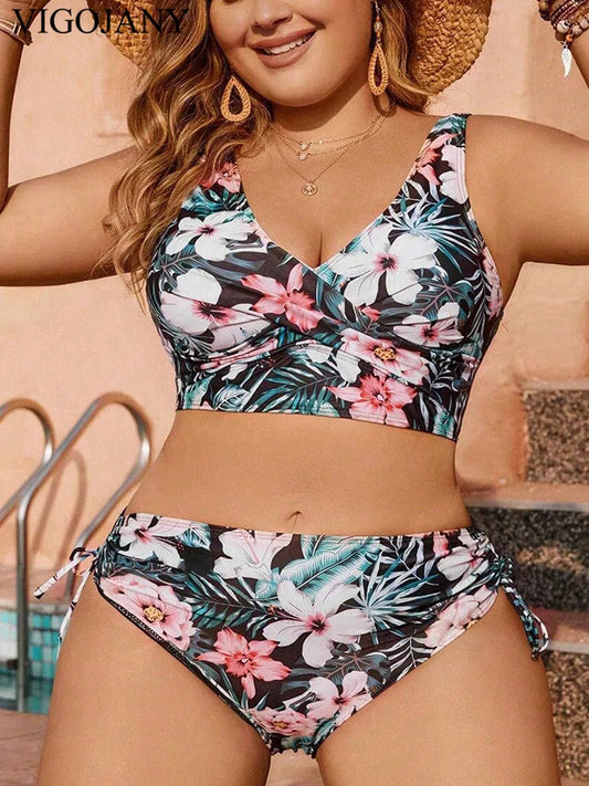 2 Piece Plus Size Bikini Set Women Strapped High Waist Large Big Swimsuit Push Up Bathing Suit