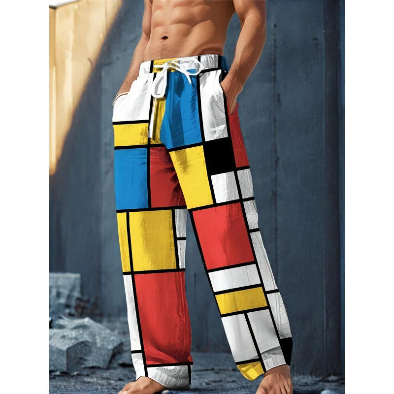 Mens Drawstring Trousers Relaxed Comfortable Geometric Patterned Loose Fit Pants With Elastic Waist  Casual Summer Daily Wear