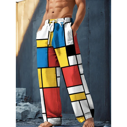 Mens Drawstring Trousers Relaxed Comfortable Geometric Patterned Loose Fit Pants With Elastic Waist  Casual Summer Daily Wear