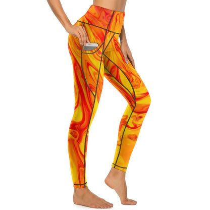 Red Fire Yoga Pants Pockets Abstract Print Leggings Push Up Kawaii Yoga Sports Tights Quick-Dry Workout Gym Leggins