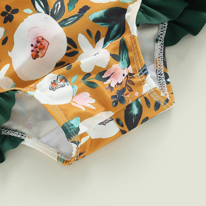 0-4Y Toddler Baby Girl Swimsuit Romper 4 Colors Flower Print Long Sleeve Ruffle Bikini Bathing Suit