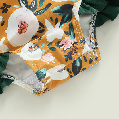 0-4Y Toddler Baby Girl Swimsuit Romper 4 Colors Flower Print Long Sleeve Ruffle Bikini Bathing Suit