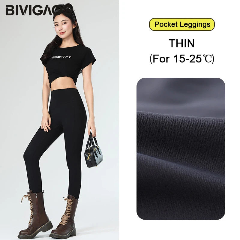 Winter Fleece Pocket Sharkskin Leggings Women High Waist Tight-Fit Velvet Thickened Warm Sports Running Leggings