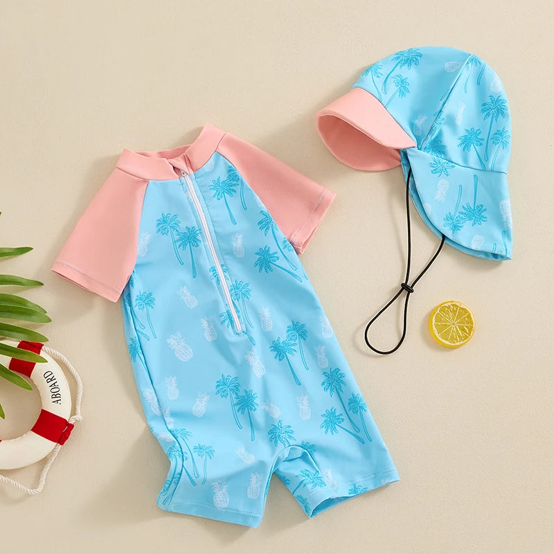 0-3Y Summer Baby Boys Beach Swimwear Casual Color Patchwork Shark/Tree Print Short Sleeve Zip Up Bathing Suit
