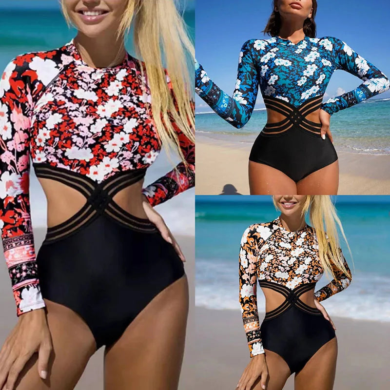 Long Sleeve Swimwear One Piece Cover Up Swimsuits Print Floral Bodysuit Hollow Out Bikinis Beach Bathing Bikini Set Beachwear