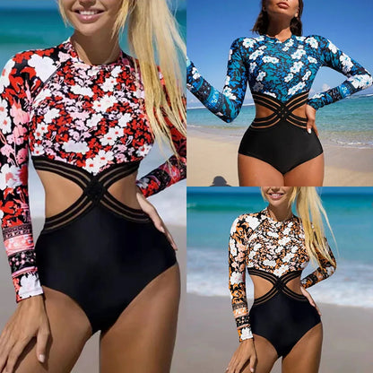 Long Sleeve Swimwear One Piece Cover Up Swimsuits Print Floral Bodysuit Hollow Out Bikinis Beach Bathing Bikini Set Beachwear