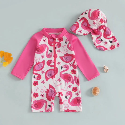 Toddler Girl Rash Guard Swimwear Sunhat 2Pcs Bathing Suit Set Infant Long Sleeve Swimsuit Flamingo Print Half Zipper Beachwear