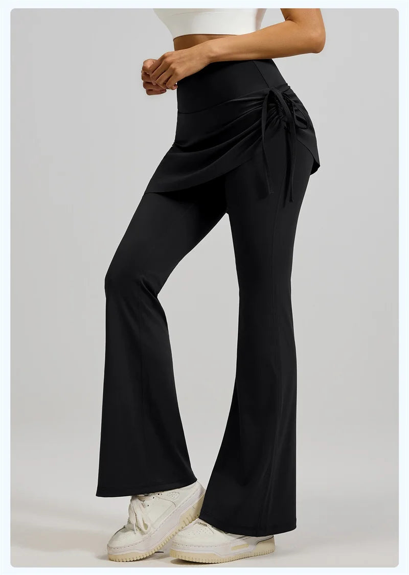 Aiithuug Women's 2 in 1 High Waisted Drawstring Side Ruched Skirted Leggings Slim Fit Workout Lounge Bottoms Bell Bottom Flared