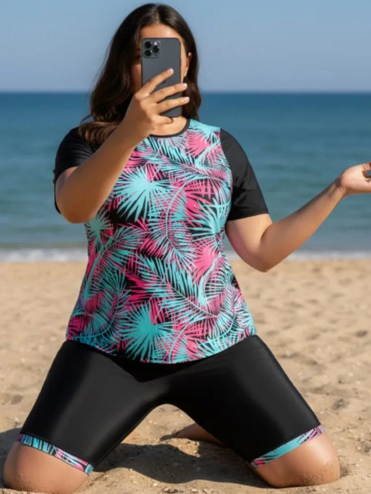 XL-6XL Plus Size Tankini Rash Guard Short Sleeve Women's Push Up Large Size 5XL 6XL Swimsuit Summer Tummy Control Swimwear Tankini Sets