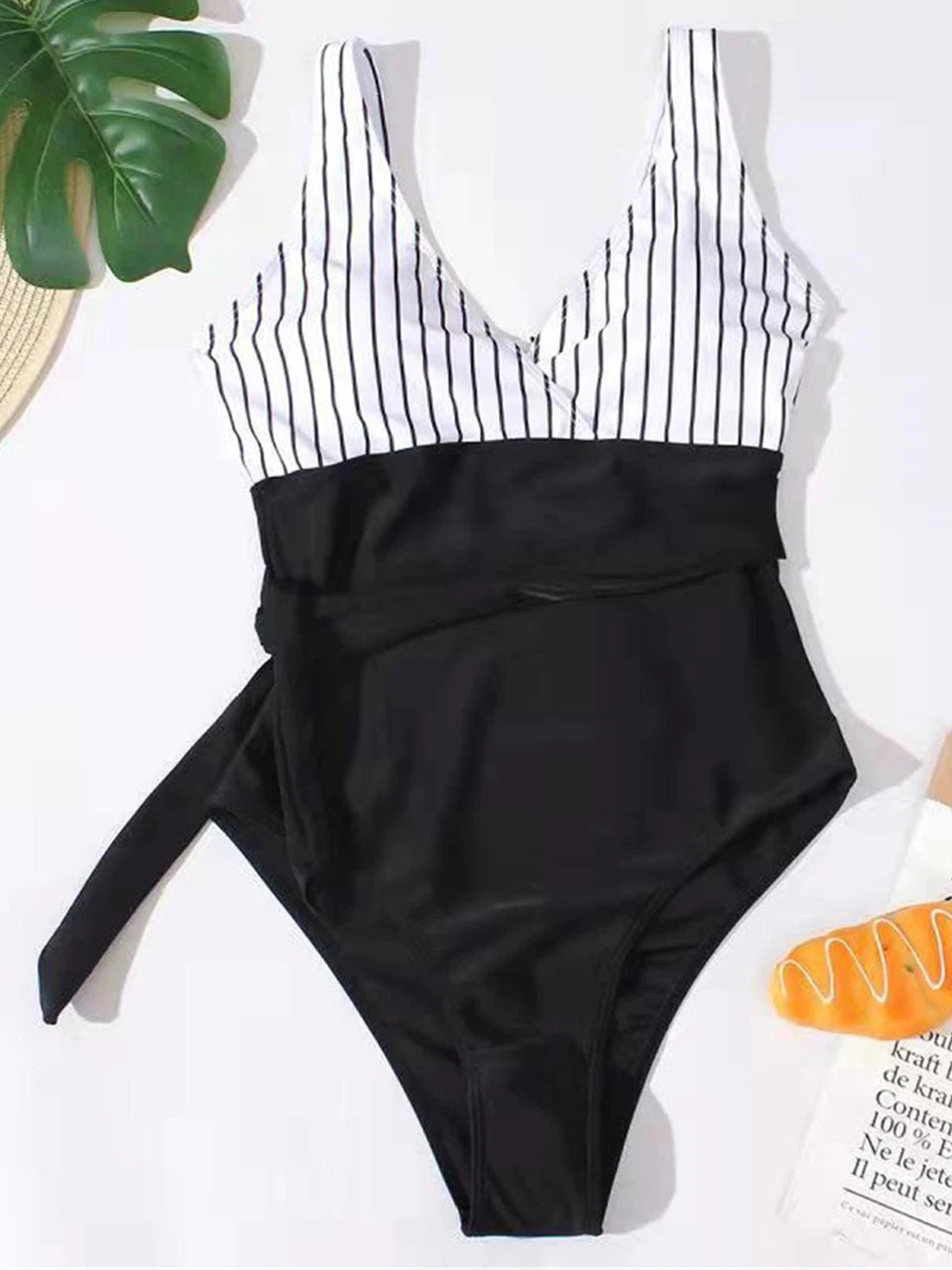Striped V-neck Swimsuit One Piece Strap Swimwear Women Knot Side Bathing Suit Female Padded Monokini Swimming Beachwear Bodysuit
