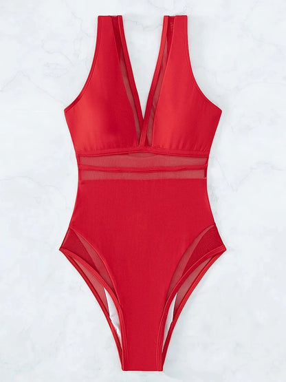 Mesh V Swimsuit One Piece Swimwear Women Black Bathing Suits Plunging Monokini Summer Beachwear
