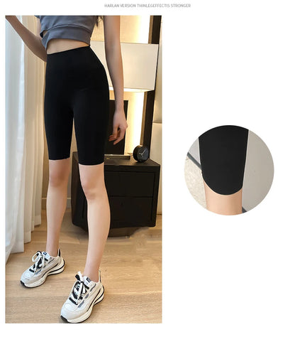 BIVIGAOS Summer Basic Cycling Shorts Women Casual Sharkskin Knee Length Short Legging High Waist Tight Sport Running Biker Short
