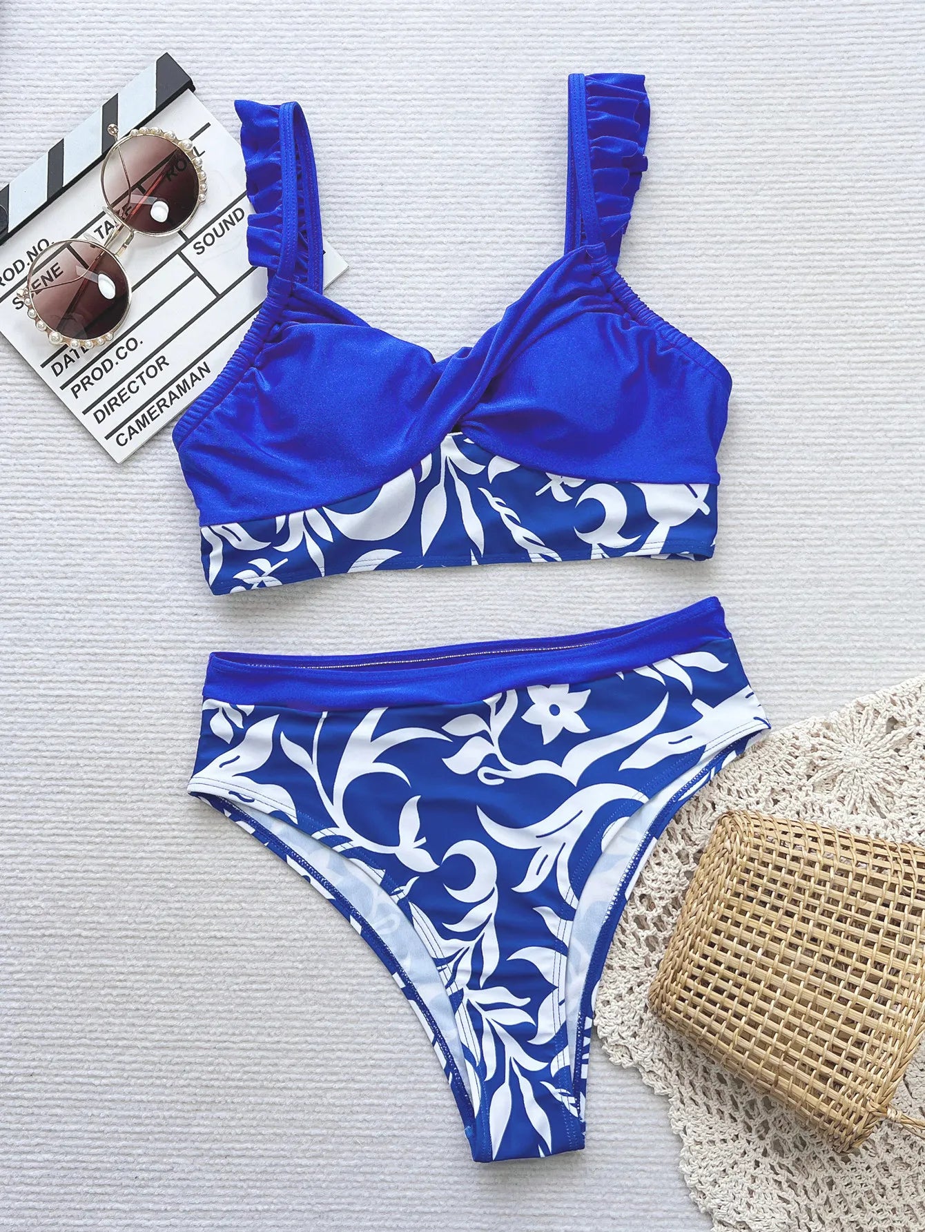 Blue Floral Patchwork Design Bikini Women High Waist Push UP Swimsuit Summer Backless Swimwear Summer Beach Lady Bathing Suit
