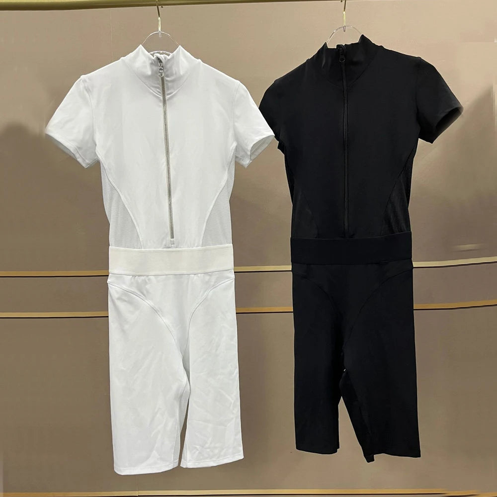 Nylon Yoga Jumpsuits Sports Fitness Hip-lifting Tights Short Sleeve Zipper Yoga Workout Gym Leggings Sportswear for Women