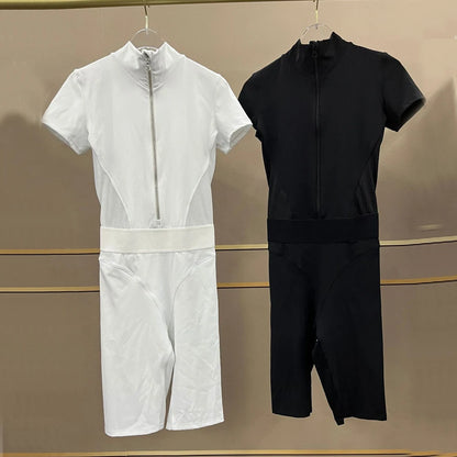 Nylon Yoga Jumpsuits Sports Fitness Hip-lifting Tights Short Sleeve Zipper Yoga Workout Gym Leggings Sportswear for Women