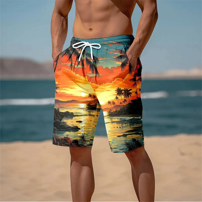 Harajuku 3D Cocoanut Trees Printing Beach Shorts Palm Tree Graphic Board Shorts For Men Hawaiian Cool Swimming Trunks