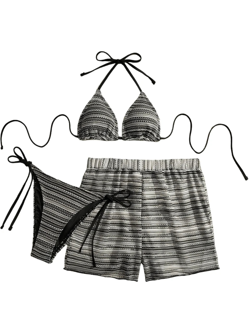 3 Pieces Halter Bikini Striped Print Swimsuit With Mesh Shorts Swimwear Female Bathers Bathing Swimming Suit Beachwear