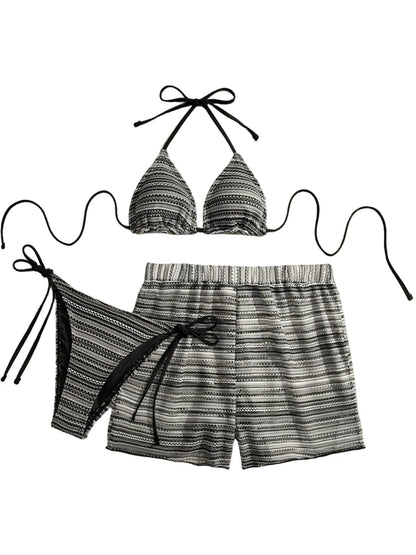 3 Pieces Halter Bikini Striped Print Swimsuit With Mesh Shorts Swimwear Female Bathers Bathing Swimming Suit Beachwear