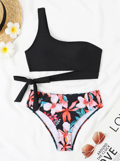 One Shoulder Bikini Set Swimsuit Women Solid Padded Swimwear Female Bathers Bathing Swimming Swim Suit Beachwear