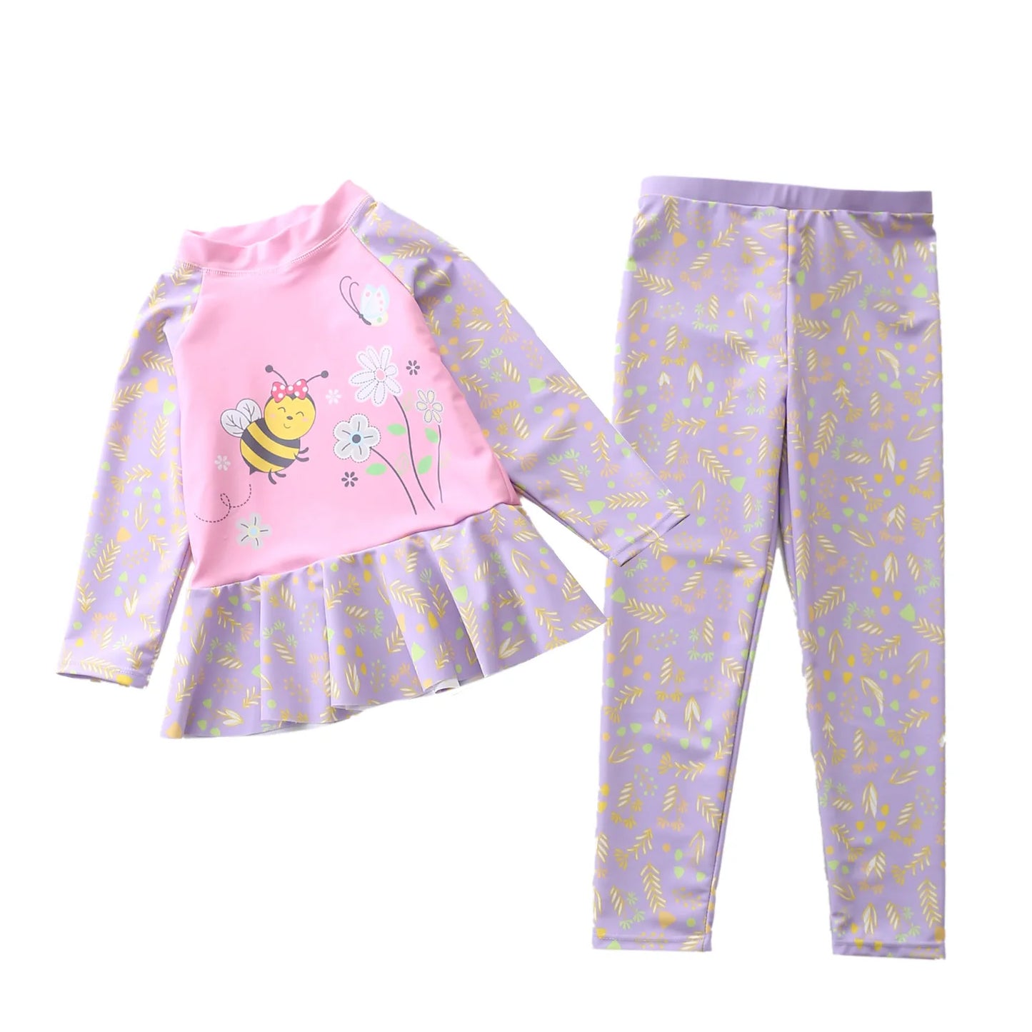 Swimsuit for Girls Long Sleeve Ruffles Girls Swimwear Cartoon Print Separate Bathing Suit Kids 2 Pcs Beach Surfing Swimming Wear