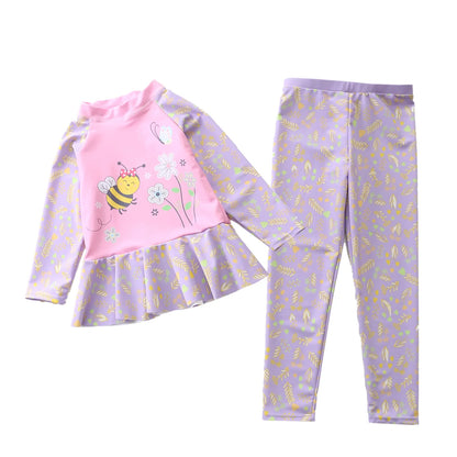 Swimsuit for Girls Long Sleeve Ruffles Girls Swimwear Cartoon Print Separate Bathing Suit Kids 2 Pcs Beach Surfing Swimming Wear