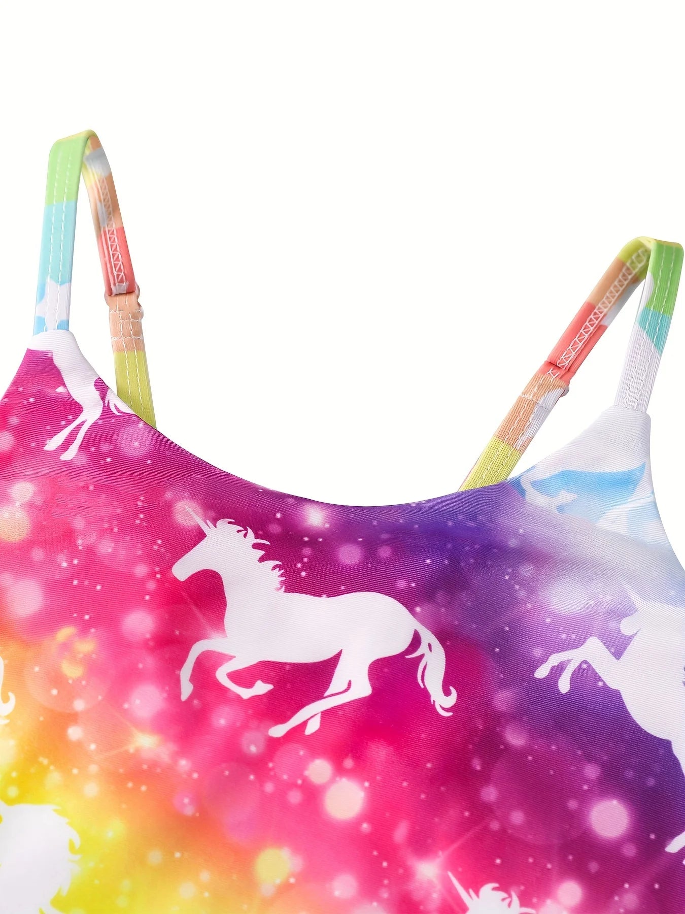 Girls Swimsuit, One-Piece All-Over Print Swimwear, Bikini Cut Bottom, Rainbow Shimmer Pattern, Beach Pool Bathing Style, Summer